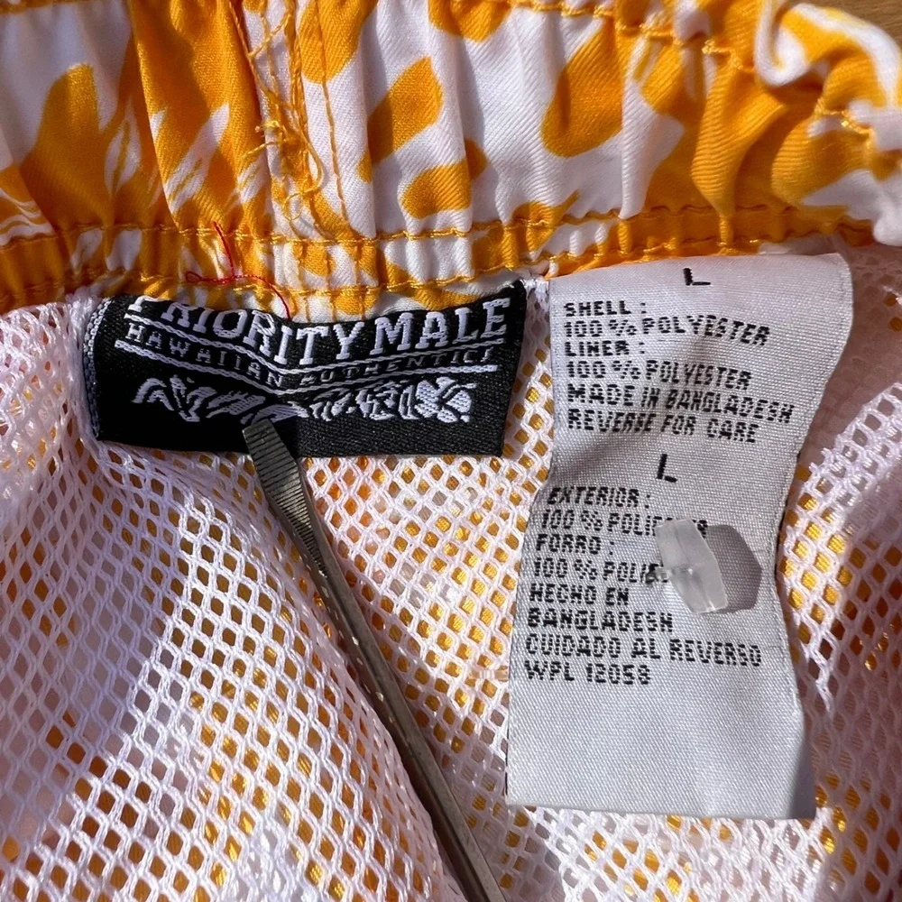 Priority Male Hawaiian Authentic Swim Trunks Orange White Tropical Floral Large